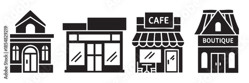 Four distinct black and white commercial building icons representing various shops like a cafe, boutique, and general stores, depicted in a clean, minimalist vector style.