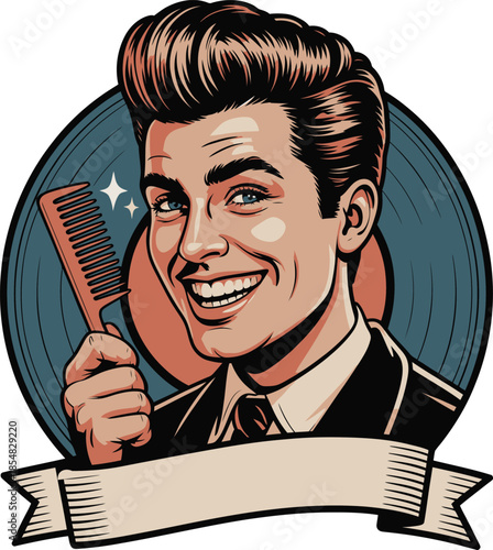 Retro Rockabilly Man Combing Pompadour Hair. Vintage Greaser Vector Badge Illustration with Comb and Vinyl Record Background.