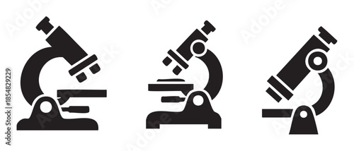 Three black microscope icons representing scientific research and discovery, symbolizing education, laboratory work, and medical advancements in various fields of study.