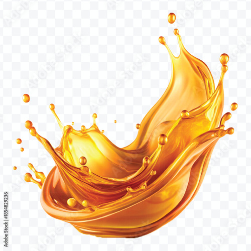 realistic fresh liquid honey or oil splash with drops  in curve style isolated on transparent background