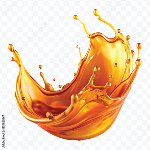 realistic fresh liquid honey or oil splash with drops  in curve style isolated on transparent background