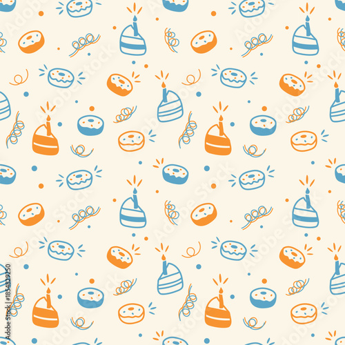 Birthday greeting doodle pattern of donuts and cake slices with candle, blue and gold doodle outlines and silhouettes.