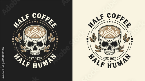 Half coffee half human skull latte illustration with vintage gothic style, caffeine humor design for coffee lovers, cafes, barista branding, and apparel