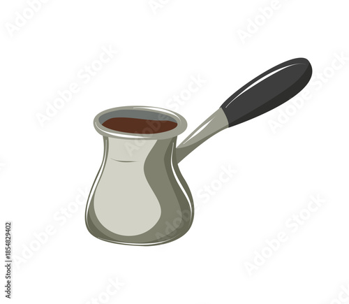 Small coffee pot with long handle for traditional brewing. Hand drawn vector illustration isolated on white, suitable for coffee rituals, cafe menus, packaging and cultural concepts.