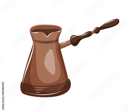 Traditional Turkish coffee pot cezve for brewing coffee. Hand drawn vector illustration isolated on white, ideal for coffee culture concepts, cafe design, packaging and menu decoration.