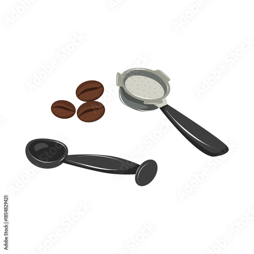 Set of coffee accessories with tamper, filter and coffee beans. Hand drawn vector illustration isolated on white, perfect for barista concepts, cafe design and coffee brewing guides.