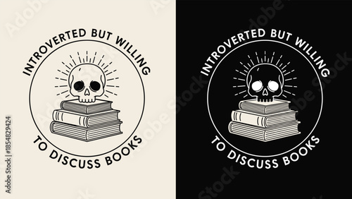 Introverted but willing to discuss books illustration with skull and stacked books, minimalist vintage line art design for book lovers, readers, and introvert apparel