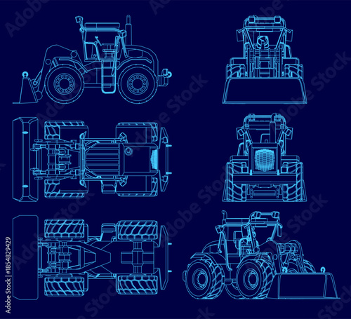 Detailed blueprint of various tractor types on a blue background, featuring a bulldozer and bucket loader in a technical contour set. The designs are unique with bright colors that contrast the dark.
