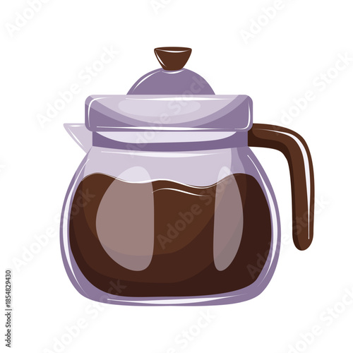 Glass coffee pot filled with hot drink isolated on white background. Drawing vector illustration for cafe menus, coffee branding, kitchen design and beverage concepts.