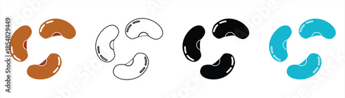 Set of three bean icons. Linear logo for nut product design. Simple illustration in various colors. Contour vector image isolated on a white background.