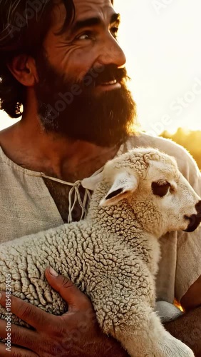 Shepherd carries sheep in open field during golden hour with foreground of grass and olive trees under warm sunlight