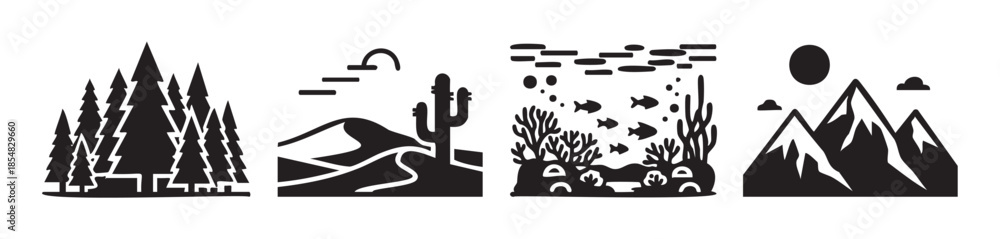 Obraz premium Natural landscape icons set featuring diverse global environments like forests, deserts, underwater scenes, and majestic mountains in a minimalist graphic style.