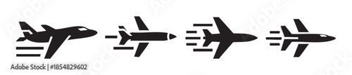 Four black silhouette airplanes flying fast across the frame, symbolizing rapid travel, global transportation, and efficient delivery services.