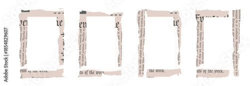 Ripped newspaper clippings collage frames with torn vintage paper edges. Border set for scrapbook, retro design templates. Old gazette news sheet set. Isolated vector illustration on transparent backg