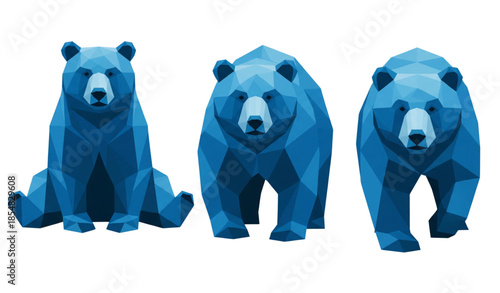 Geometric low poly bear vector illustration set in blue tones isolated on transparent background