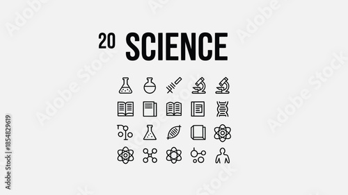 Collection of Simple Line Icons Representing Various Scientific Concepts and Experiments.