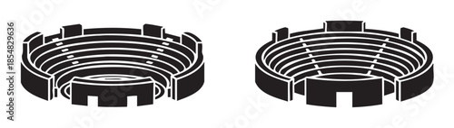 Stadium arena building structure with tiered seating and an open field, depicted as a minimalist black and white isometric vector illustration.
