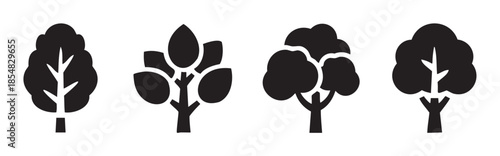 Four distinct black tree silhouette icons representing various types of deciduous and evergreen trees, suitable for nature and environmental design elements.