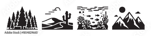 Natural landscape icons set featuring diverse global environments like forests, deserts, underwater scenes, and majestic mountains in a minimalist graphic style.