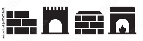 Masonry structures and heating elements represented by a brick wall, a castle tower, a traditional oven, and a cozy fireplace with a burning fire icon set.