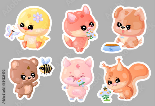 A set of adorable cartoon animals with flowers and insects on gray background.
