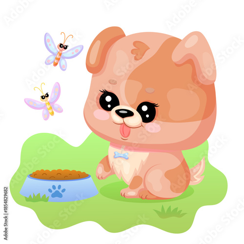 Cute cartoon puppy with butterflies and dog bowl on a sunny day in the park.