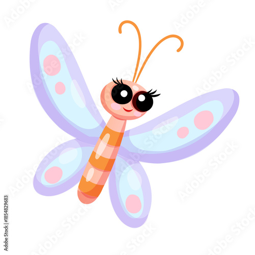 Colorful cartoon butterfly with smile and pink blue wings on white background.