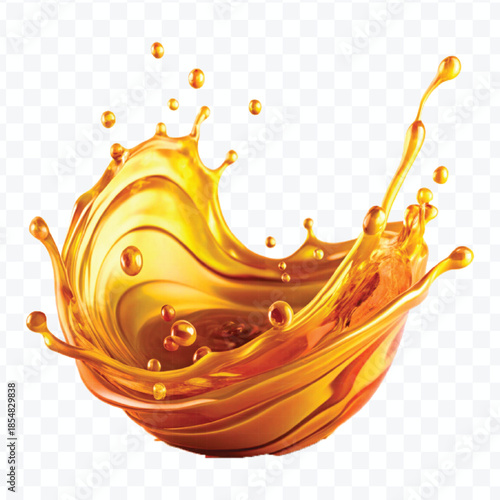 realistic fresh liquid honey or oil splash with drops  in curve style isolated on transparent background
