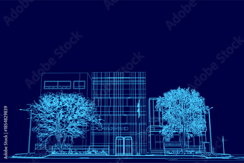 An Asian city building blueprint with architectural contour lines stands before stylized trees on a dark blue background.