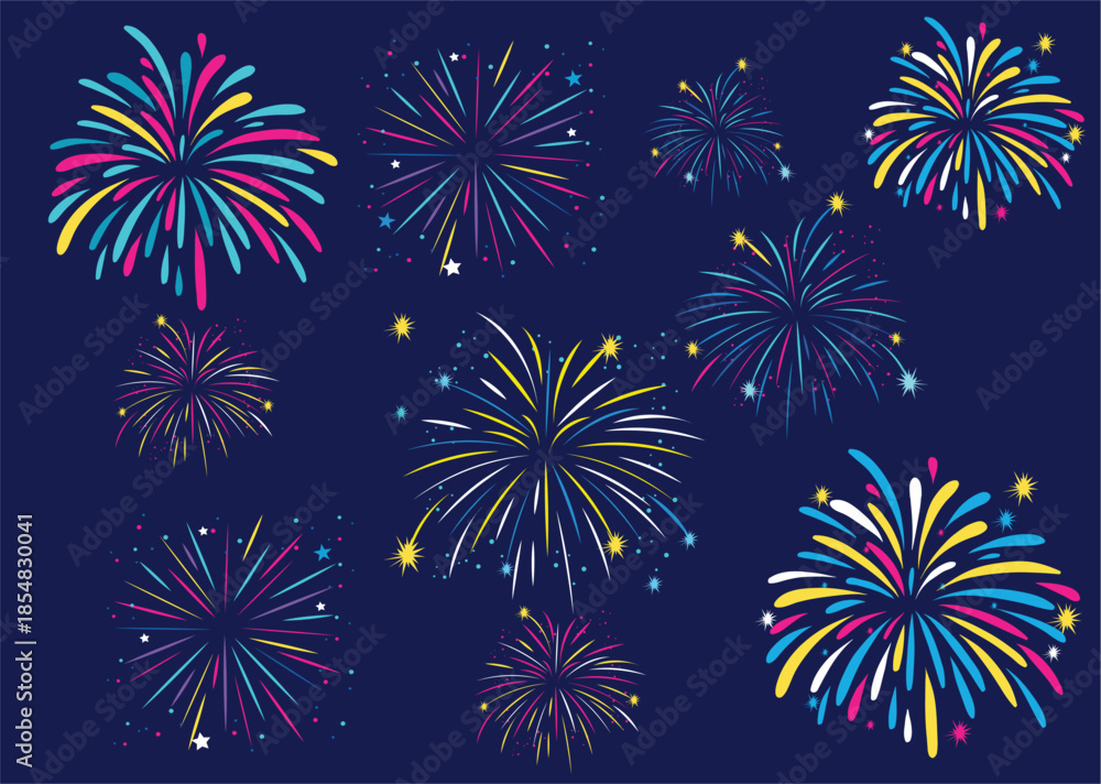 Naklejka premium Colorful Firework Burst Vector Set with Stars and Sparkles, Festive Celebration Graphic Elements for New Year and Party Design, Vibrant Fireworks Isolated on Dark Blue.