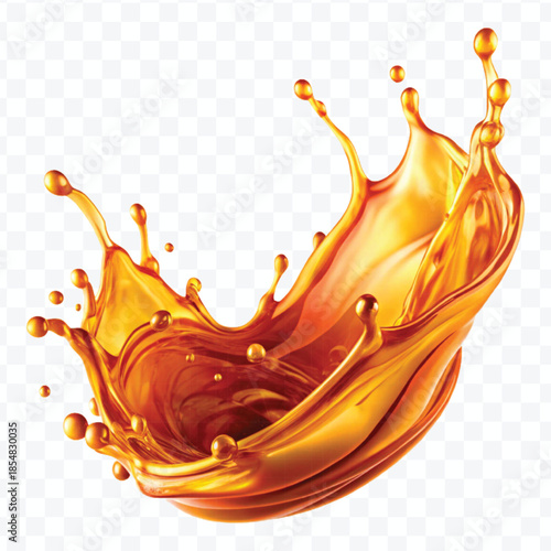 realistic fresh liquid honey or oil splash with drops  in curve style isolated on transparent background