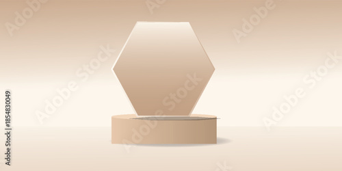Minimalist abstract geometric podium in hexagon shape with soft beige background, modern product display.