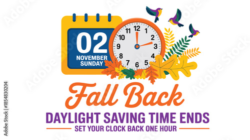 End of Daylight Saving Time reminder with calendar and autumn leaves.