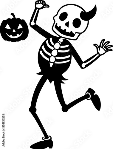 Skeleton dancing with pumpkin silhouette vector black , white background