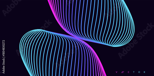 Two symmetrical objects made of lines are attracted to each other. Energy or magnetic fields. Scientific illustration. Vector for brochure, poster, cover, card, presentation, flyer or banner.