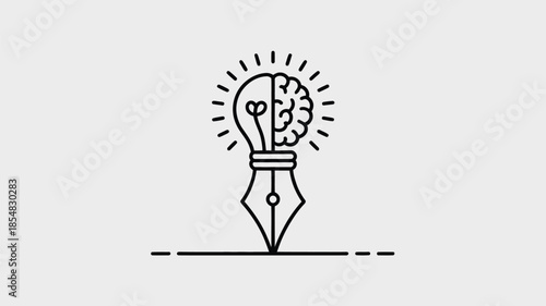 Simple line art illustration of a fountain pen nib with a lightbulb.
