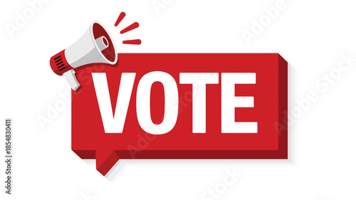 Red speech bubble with megaphone and vote text.