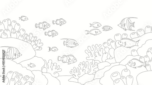 Underwater Line Art Illustration of Fish and Coral Reef Background