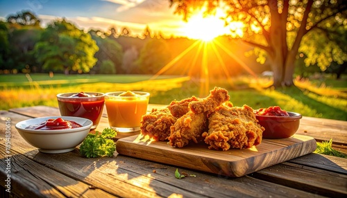 Golden Brown Fried Chicken Pieces Served With Ketchup And Orange Juice On A Wooden Table In A Park At Sunset With Sun Flare