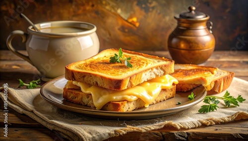 Golden brown grilled cheese sandwich with melted cheddar cheese and a side of soup garnished with parsley on a rustic wooden table with warm lighting