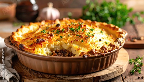 Golden Brown Shepherd's Pie Baked to Perfection in a Rustic Brown Dish Garnished with Fresh Parsley and Sprigs of Thyme on a Wooden Table