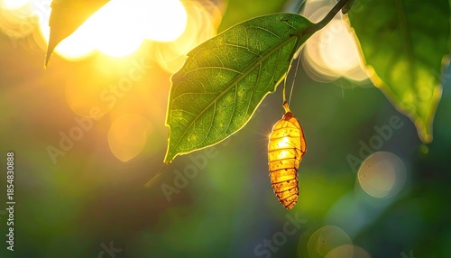 Golden chrysalis hanging from a dew covered green leaf bathed in bright morning sunlight creating a bokeh effect