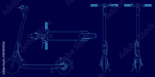 Blueprint of a sleek electric scooter with a black frame and white seat on a blue background. The detailed contour drawing highlights curved handlebars, a raised footrest, and wheels.