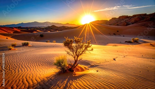 Golden Desert Landscape at Sunrise With Rippled Sand Dunes and a Solitary Shrub Under a Bright Sunburst Sky