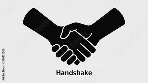 Simple black and white illustration of a handshake symbolizing agreement and partnership.