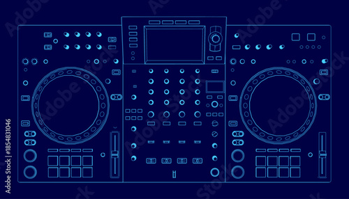 A detailed blueprint of a DJ controller console, highlighting its electronic components and contour lines on a solid blue technical background.