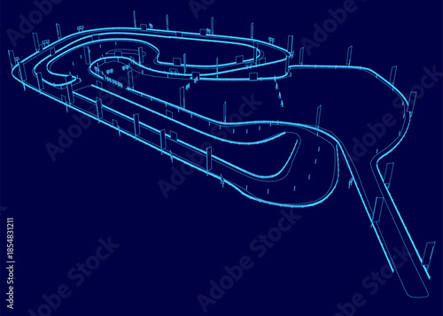 A crisp white contour outlines the complex drift race track on a blue blueprint background.
