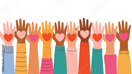 Diverse group of people showing hands with hearts, symbolizing unity and love.
