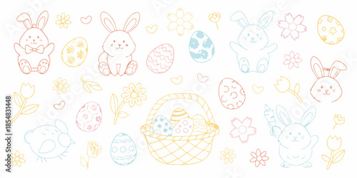 Cute hand drawn easter elements with bunnies eggs flowers and a basket