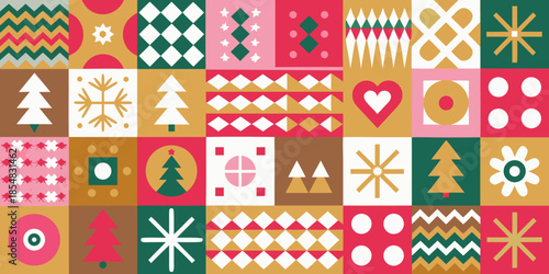A colorful festive pattern featuring christmas shapes and geometric designs